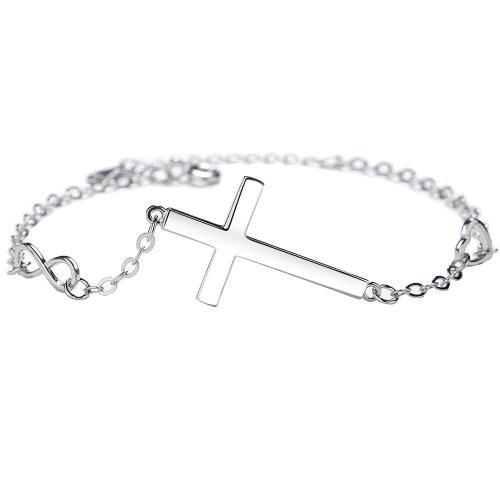 925 Sterling Silver Bracelet, Cross, platinum plated, fashion jewelry & for woman, Length:Approx 7 Inch, Sold By PC