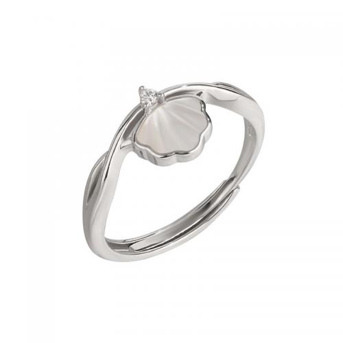 925 Sterling Silver Pljuska prst prsten, s Bijela Shell, Školjka, platine pozlaćen, za žene & s Rhinestone, Veličina:6-8, Prodano By PC
