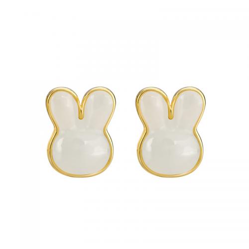 925 Sterling Silver Stud Earring with Hetian Jade Rabbit gold color plated fashion jewelry & for woman 10mm Sold By Pair
