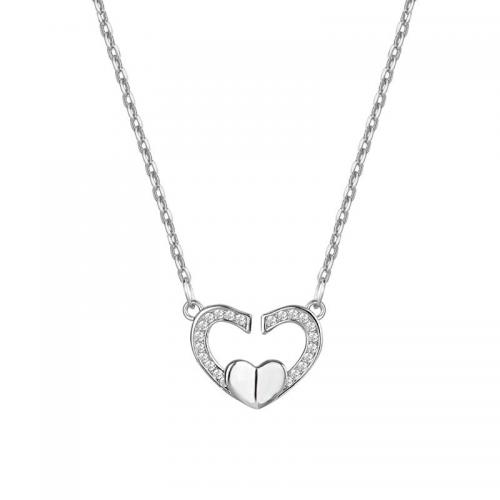 925 Sterling Silver Necklace with 1.2inch extender chain Heart platinum plated cross chain & micro pave cubic zirconia & for woman & hollow Length Approx 16.5 Inch Sold By PC