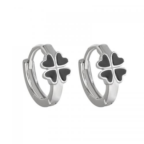 925 Sterling Silver Huggie Hoop Earring, Four Leaf Clover, platinum plated, for woman & epoxy gel, 2.60x12.70mm, Sold By Pair
