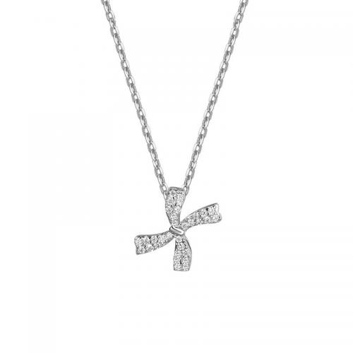 925 Sterling Silver Necklace with 1.2inch extender chain Bowknot platinum plated cross chain & micro pave cubic zirconia & for woman Length Approx 16.5 Inch Sold By PC