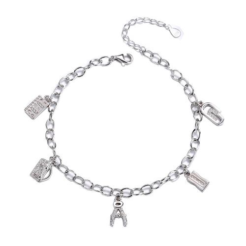 925 Sterling Silver Bracelet, with 1.2inch extender chain, Alphabet Letter, platinum plated, micro pave cubic zirconia & for woman, Length:Approx 6.7 Inch, Sold By PC