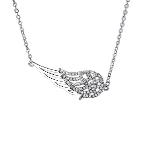 925 Sterling Silver Necklace with 1.2inch extender chain Angel Wing platinum plated micro pave cubic zirconia & for woman & hollow Length Approx 16.5 Inch Sold By PC