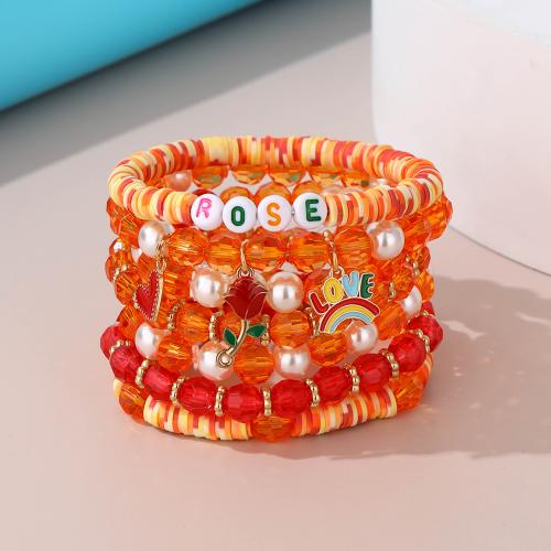 Wrap Bracelet, Plastic, with Polymer Clay & 304 Stainless Steel, handmade, 7 pieces & fashion jewelry & for woman, orange, Sold By Set