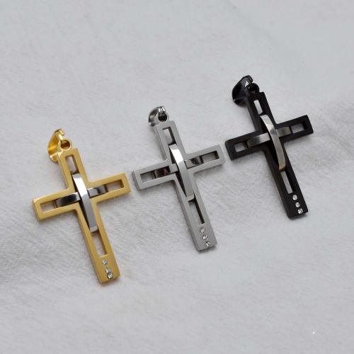 Nehrđajućeg čelika križa Privjesci, 304 nehrđajućeg čelika, modni nakit & možete DIY & s Rhinestone & šupalj, više boja za izbor, 50x28x2.30mm, Prodano By PC