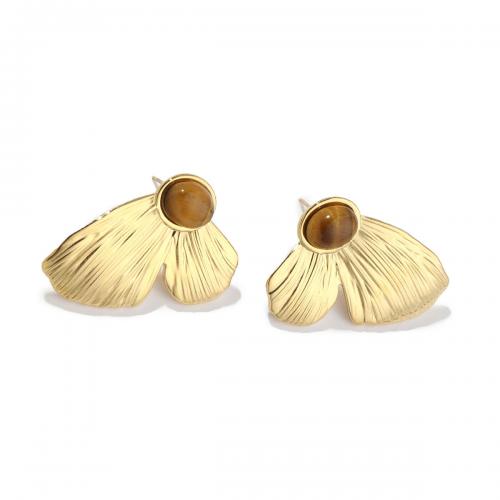Titanium Steel  Earring with Tiger Eye Vacuum Ion Plating fashion jewelry & for woman golden Sold By Pair