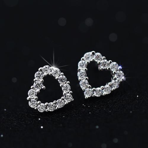 Cubic Zirconia Micro Pave Sterling Silver Earring, 925 Sterling Silver, Heart, fashion jewelry & micro pave cubic zirconia & for woman, more colors for choice, nickel, lead & cadmium free, 9x9mm, Sold By Pair