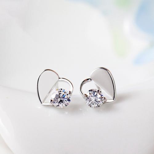 925 Sterling Silver Stud Earrings Heart fashion jewelry & for woman & with rhinestone nickel lead & cadmium free Sold By Pair