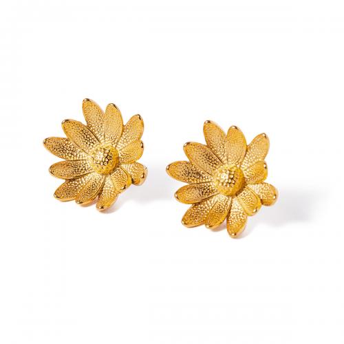Stainless Steel Stud Earrings, 304 Stainless Steel, Sunflower, 18K gold plated, fashion jewelry & for woman, golden, 23.30mm, Sold By Pair