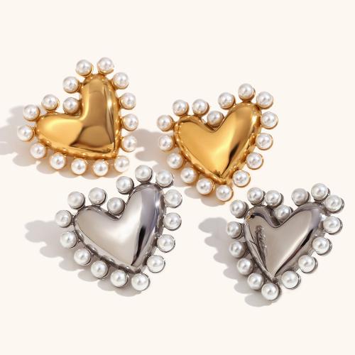 Stainless Steel Stud Earrings, 316L Stainless Steel, with Plastic Pearl, Heart, Vacuum Ion Plating, fashion jewelry & for woman, more colors for choice, 27.80mm, Sold By Pair