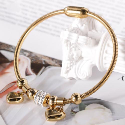 304 Stainless Steel European Bangle Heart Vacuum Ion Plating fashion jewelry & for woman & with rhinestone Length Approx 17 cm Sold By PC