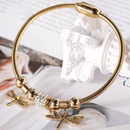 304 Stainless Steel European Bangle, Dragonfly, Vacuum Ion Plating, fashion jewelry & for woman & with rhinestone, more colors for choice, Length:Approx 17 cm, Sold By PC