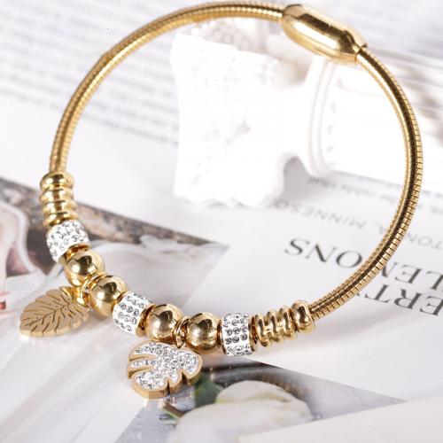 304 Stainless Steel European Bangle Leaf Vacuum Ion Plating fashion jewelry & for woman & with rhinestone Length Approx 17 cm Sold By PC
