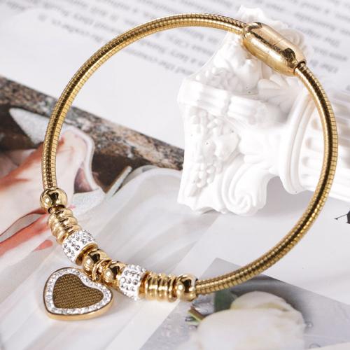 304 Stainless Steel European Bangle, Heart, Vacuum Ion Plating, fashion jewelry & for woman & with rhinestone, more colors for choice, Length:Approx 17 cm, Sold By PC