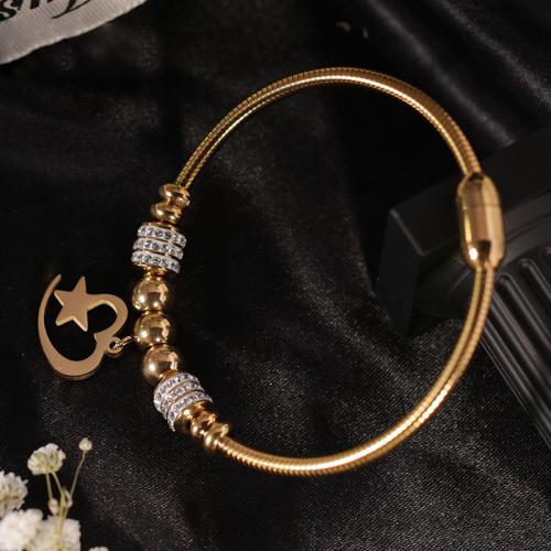 304 Stainless Steel European Bangle, Moon and Star, Vacuum Ion Plating, fashion jewelry & for woman & with rhinestone, more colors for choice, Length:Approx 17 cm, Sold By PC