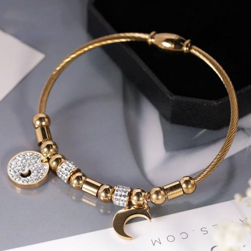 304 Stainless Steel European Bangle Moon Vacuum Ion Plating fashion jewelry & for woman & with rhinestone Length Approx 17 cm Sold By PC