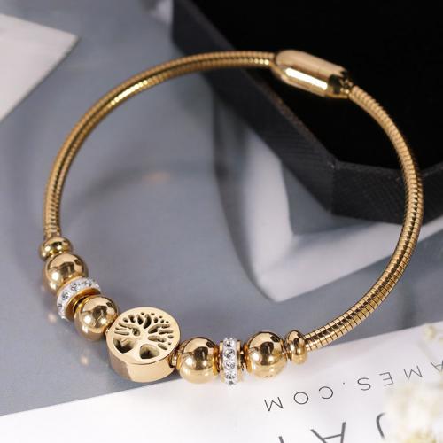 304 Stainless Steel European Bangle, Tree, Vacuum Ion Plating, fashion jewelry & for woman & with rhinestone, more colors for choice, Length:Approx 17 cm, Sold By PC