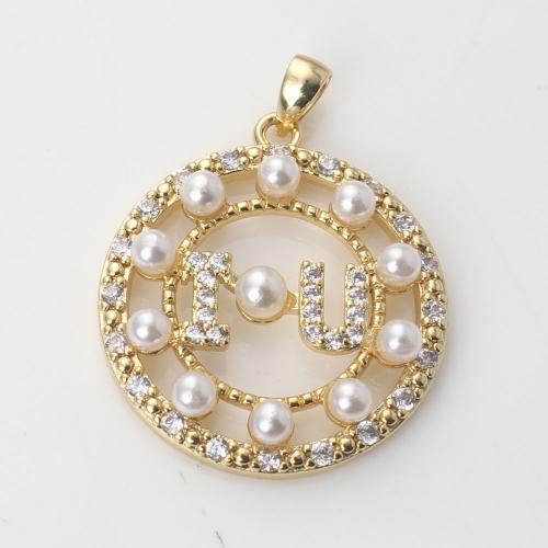 Cubic Zirconia Micro Pave Brass Pendant, with Plastic Pearl, Round, gold color plated, DIY & micro pave cubic zirconia, nickel, lead & cadmium free, 25.70x22.80x5.30mm, Sold By PC