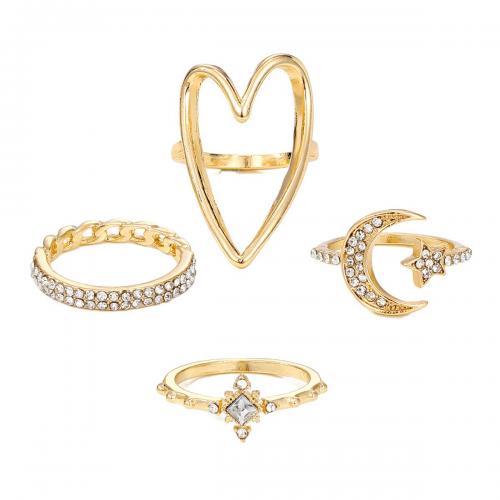 Cink Alloy Ring Set, Cink ötvözet, 4 darab & divat ékszerek & a nő & strasszos, arany, nikkel, ólom és kadmium mentes, Által értékesített Set