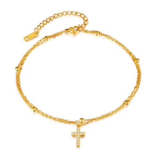 Stainless Steel Anklet, 316 Stainless Steel, with 6.5CM extender chain, Cross, plated, micro pave cubic zirconia & for woman, golden, Length:Approx 23.5 cm, Sold By PC