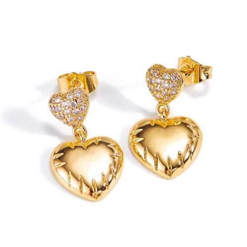 Cubic Zirconia Micro Pave Brass Earring, Heart, plated, micro pave cubic zirconia & for woman, golden, 25x15mm, Sold By Pair