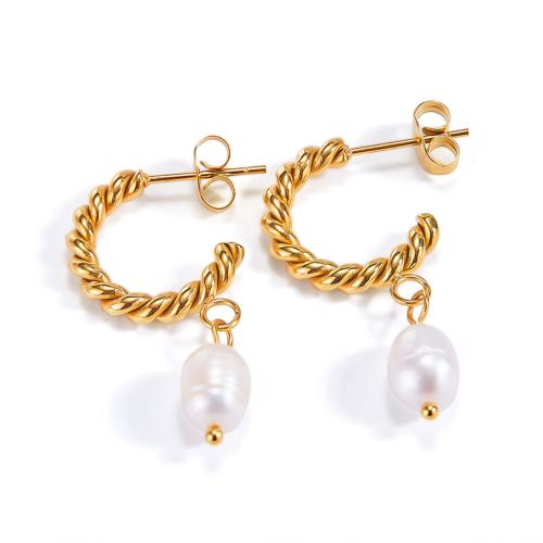 Stainless Steel Stud Earrings 316 Stainless Steel with Freshwater Pearl plated for woman golden Sold By Pair