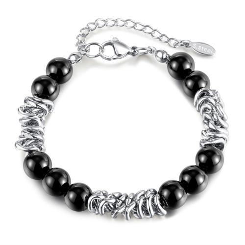 Bijoux bracelet en acier inoxydable, Acier inoxydable 316, avec agate noire, avec 5CM chaînes de rallonge, Placage, pour femme, couleur platine, Longueur:Environ 17 cm, Vendu par PC