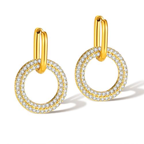 Huggie Hoop Drop Earring 316 Stainless Steel with Brass plated micro pave cubic zirconia & for woman golden Sold By Pair