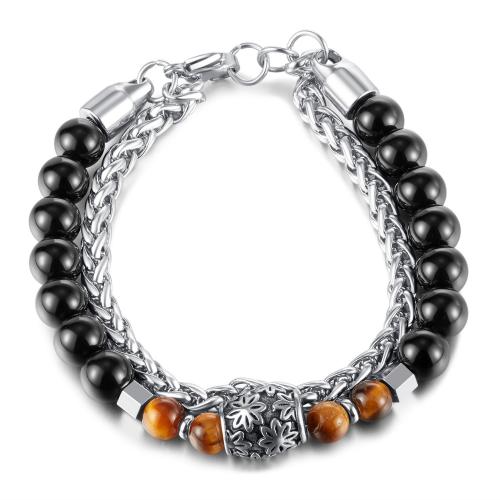 Bijoux bracelet en acier inoxydable, Acier inoxydable 316, avec oeil de tigre & agate noire, Placage, unisexe, couleur platine, Longueur:Environ 21 cm, Vendu par PC