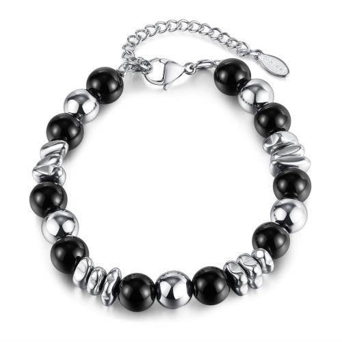 Stainless Steel Jewelry Bracelet, 316 Stainless Steel, with Black Agate, with 5CM extender chain, plated, Unisex, platinum color, Length:Approx 18 cm, Sold By PC