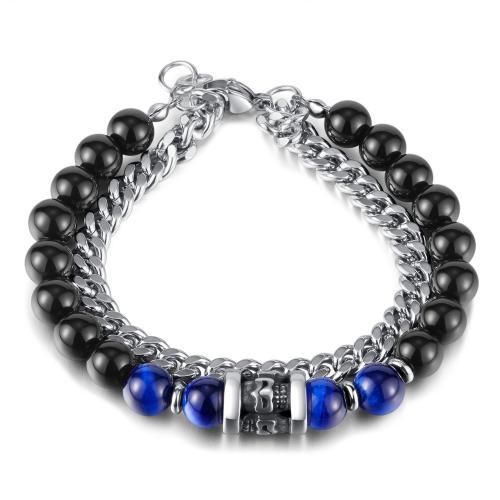 Bijoux bracelet en acier inoxydable, Acier inoxydable 316, avec oeil de tigre & agate noire, Placage, pour femme, couleur platine, Longueur:Environ 21 cm, Vendu par PC