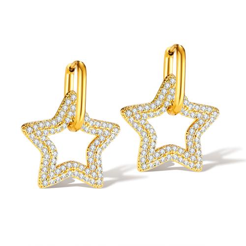 Huggie Hoop Drop Earring 316 Stainless Steel Star plated micro pave cubic zirconia & for woman golden Sold By Pair