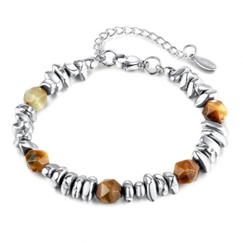 Bijoux bracelet en acier inoxydable, Acier inoxydable 316, avec oeil de tigre, avec 5CM chaînes de rallonge, Placage, pour femme, couleur platine, Longueur:Environ 18 cm, Vendu par PC