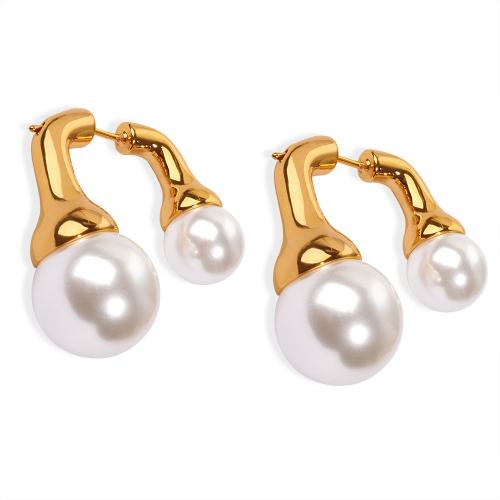 Messing oorbelknoppen, met Plastic Pearl, plated, voor vrouw, gouden, 25x26.50mm, Verkocht door pair