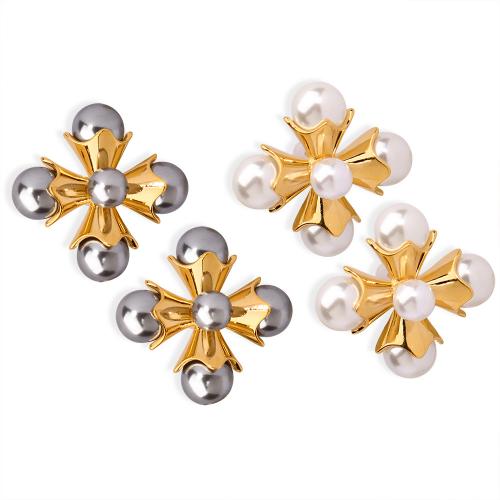 Brass Stud Earring, with Plastic Pearl, plated, for woman, more colors for choice, 27x26.30mm, Sold By Pair