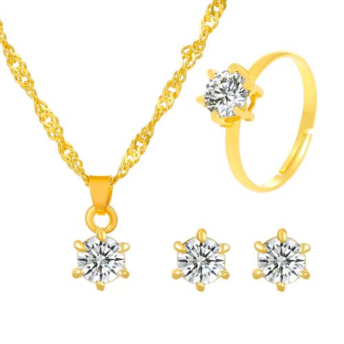 Zinc Alloy Jewelry Sets Stud Earring & finger ring & necklace plated three pieces & micro pave cubic zirconia & for woman Sold By Set