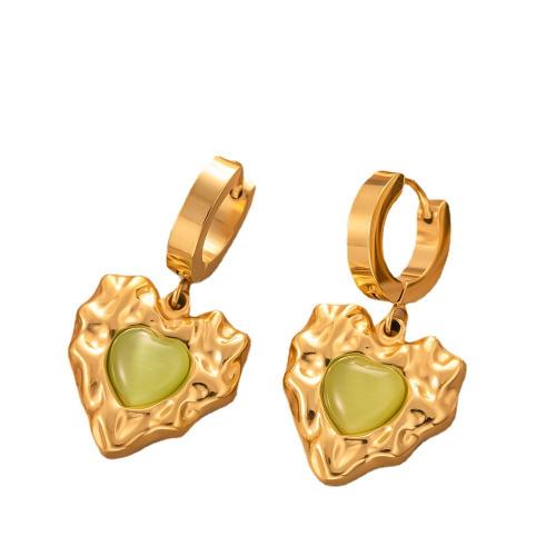 Titanium Steel Huggie Hoop Drop Earring with Green Agate & Resin gold color plated & for woman earring length 30-50mm Sold By Pair
