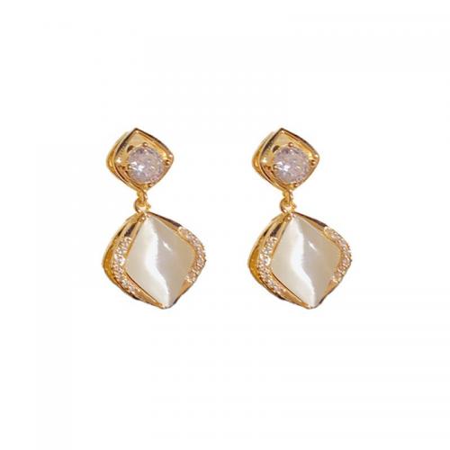 Brass Drop Earring, with Cats Eye, Rhombus, 14K gold plated, micro pave cubic zirconia & for woman, 14x25mm, Sold By Pair