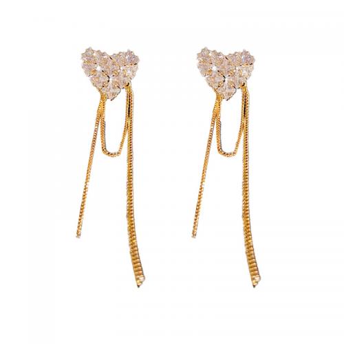 Brass Tassel Earring Heart 14K gold plated micro pave cubic zirconia & for woman Sold By Pair