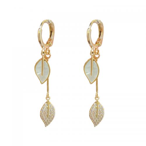Brass Huggie Hoop Drop Earring with White Shell Leaf 14K gold plated micro pave cubic zirconia & for woman Sold By Pair