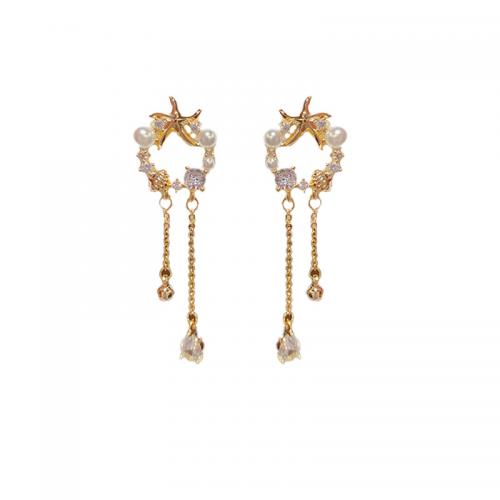 Brass Tassel Earring with Plastic Pearl Flower 14K gold plated micro pave cubic zirconia & for woman Sold By Pair