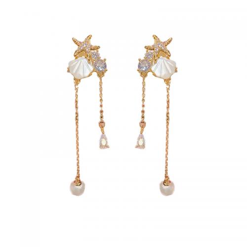 Brass Tassel Earring with White Shell & Plastic Pearl Starfish plated micro pave cubic zirconia & for woman Sold By Pair