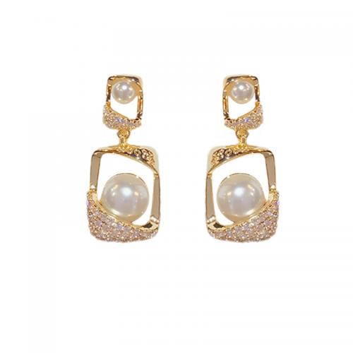 Brass Drop Earring, with Plastic Pearl, Geometrical Pattern, 14K gold plated, micro pave cubic zirconia & for woman & hollow, 12x27mm, Sold By Pair