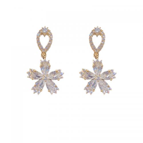 Brass Drop Earring Flower plated micro pave cubic zirconia & for woman Sold By Pair