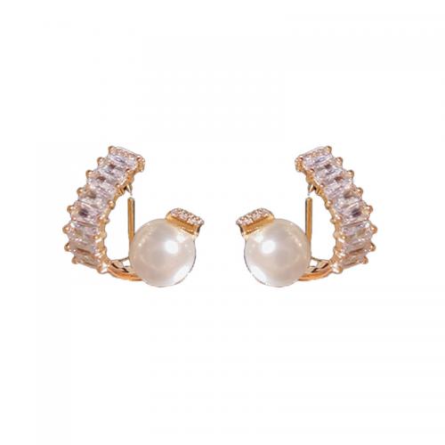 Messing Stud Earring, met Plastic Pearl, plated, micro pave zirconia & voor vrouw, meer kleuren voor de keuze, 15x15mm, Verkocht door pair