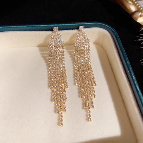 Brass Tassel Earring, Geometrical Pattern, 14K gold plated, micro pave cubic zirconia & for woman, 12x69mm, Sold By Pair