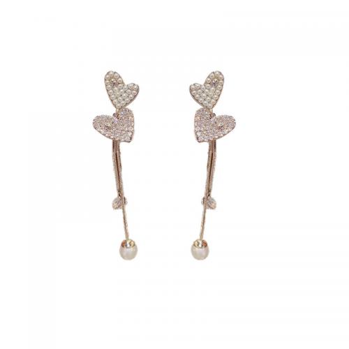 Brass Tassel Earring with Plastic Pearl Heart plated micro pave cubic zirconia & for woman Sold By Pair