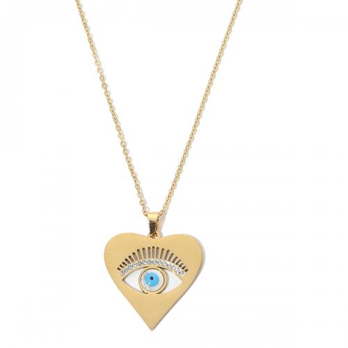 Evil Eye Jewelry Necklace, Titanium Steel, with Acrylic, Heart, Vacuum Ion Plating, fashion jewelry & for woman & enamel & with rhinestone, golden, Length:Approx 40-45 cm, Sold By PC