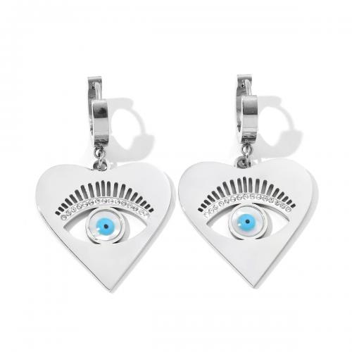 Evil Eye Earrings, Titanium Steel, with Acrylic, Heart, fashion jewelry & for woman & enamel & with rhinestone, original color, 26x42mm, Sold By Pair